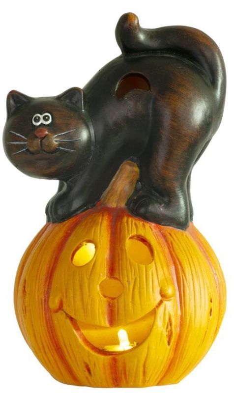 Dekorácia MagicHome Nature, Tekvica LED, mačka, keramika, 22 cm